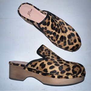 NEW J Crew Animal Print Clogs {8.5} Slip On Real Fur Leather Shoes